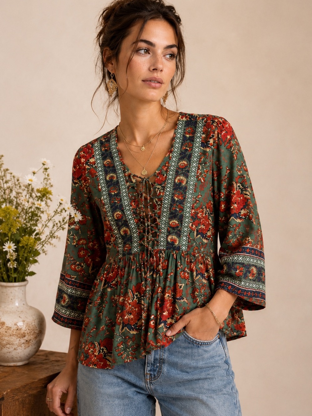 Floral Boho Babydoll Top XL 100% Cotton Lace Up Style Peasant Blouse